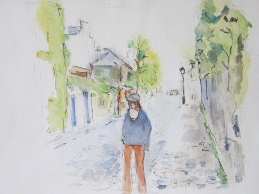 Balade rue des Saules - 2012. Aquarelle, 45 x 37 cm.