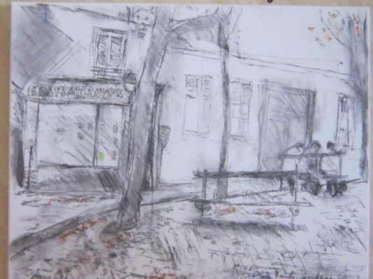 La rentrée Place Emile Goudeau - 2012. Fusain et pastel, 40 x 30 cm.